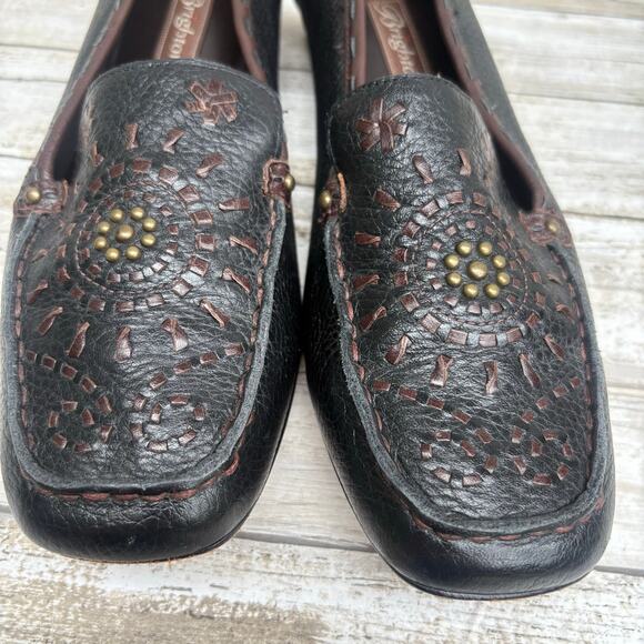 Brighton Kafka Leather Loafers Sz 8M Brown Boho Studded Embroidered Slip On - Picture 2 of 11
